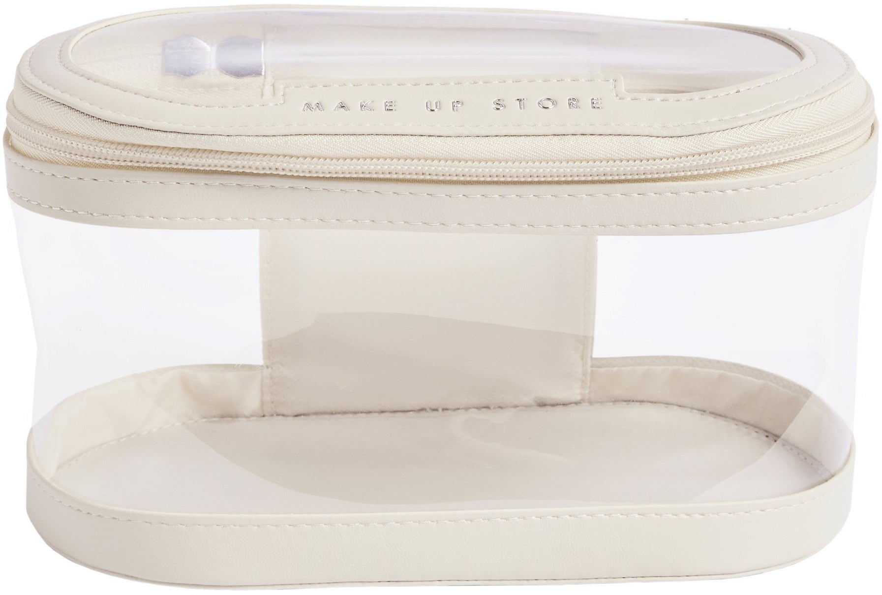 Transparent oval toiletry bag - beige PU leather