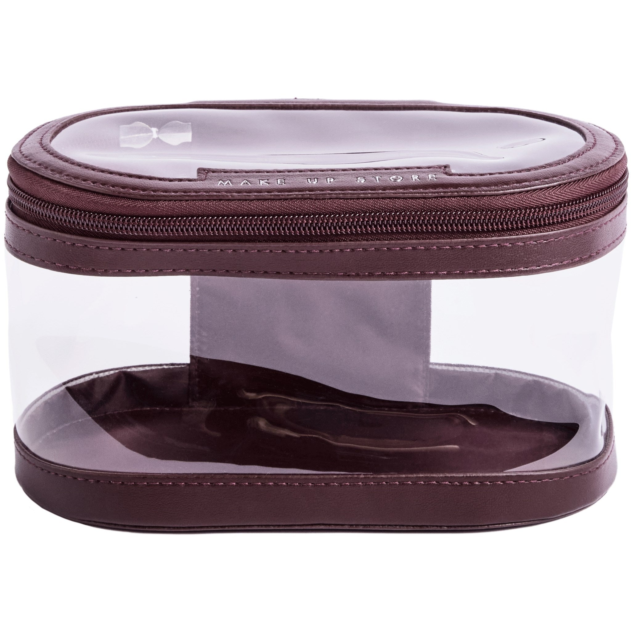 Transparent oval toiletry bag - burgundy PU leather